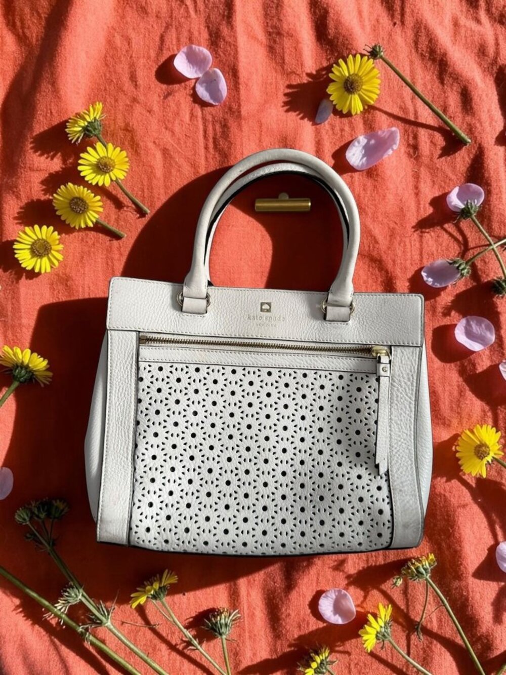 KATE SPADE White Leather Eyelet Satchel Handbag